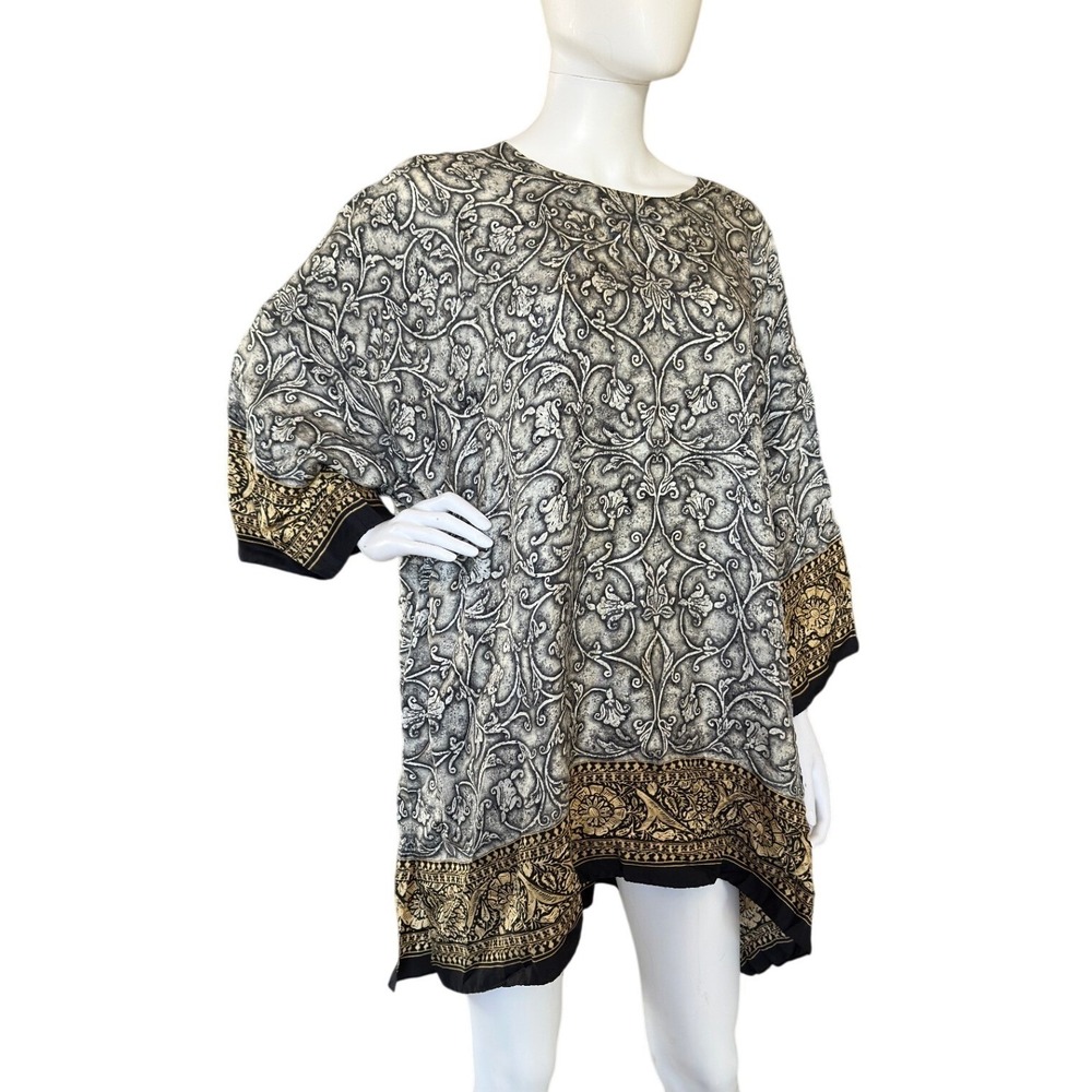 Eskandar 100% Silk Printed Tunic Top Grey Gold Scroll Oversized England 1